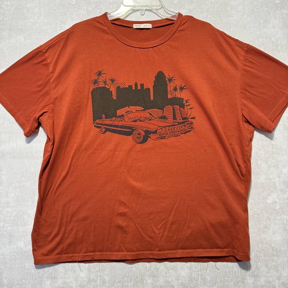 Romwe Shirt Womens Medium Rust Orange Graphic Car City Skyline Short Sleeve